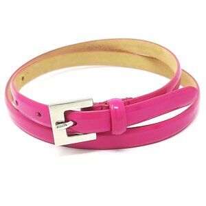 Thin Shiny Hot Pink Leather Lined Belt with Silver Square Buckle in Size Medium